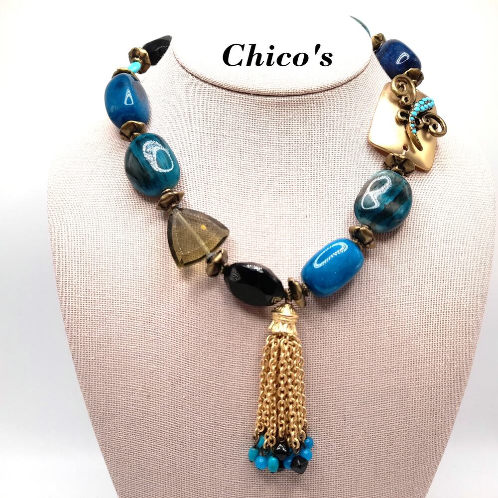 Chico's Turquoise Necklace Chain Tassel, Gemstone Acrylic Glass, 20 Inches